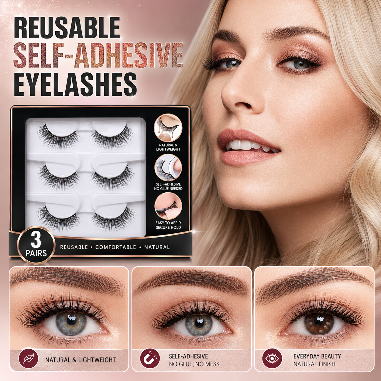 Glue-Free Self-Adhesive Lashes-3-Second, Natural & Reusable