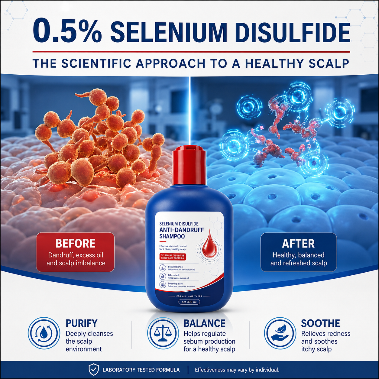 Selenium Disulfide Hair Care Shampoo Oil Control Refreshing Anti-Dandruff Anti-itch Scalp Cleansing Shampoo, 300ML